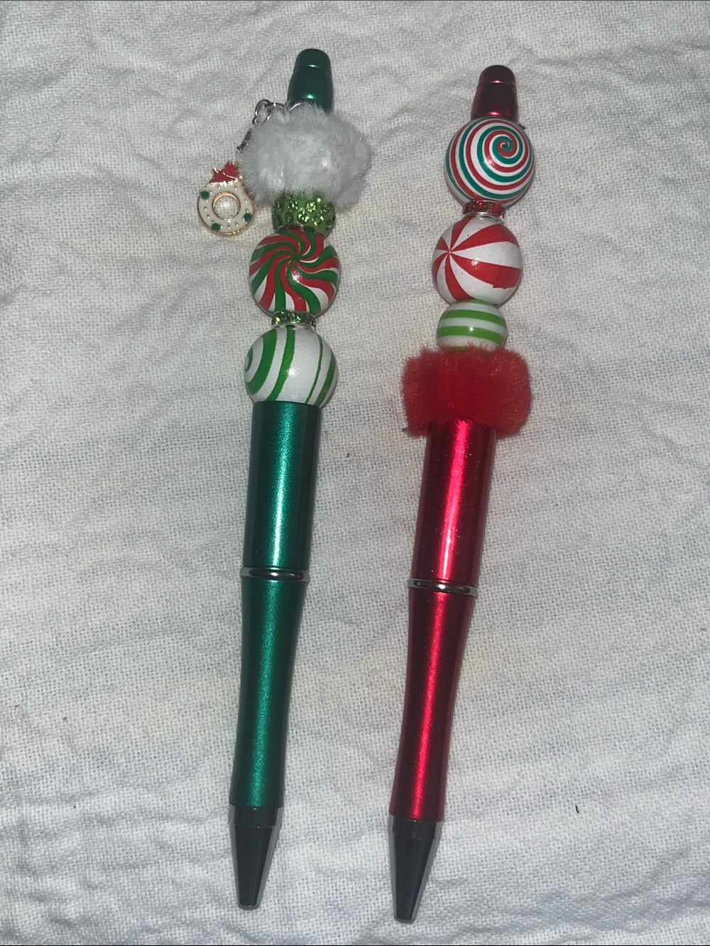 Festive Fun Holiday Pen Set - Red & Green swirls,fuzzy beads charm Great Gift 35
